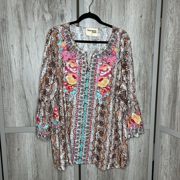 Savanna Jane Top Blouse Embroidered Snake Print Bell Sleeve Boho Size 1X - Picture 1 of 6